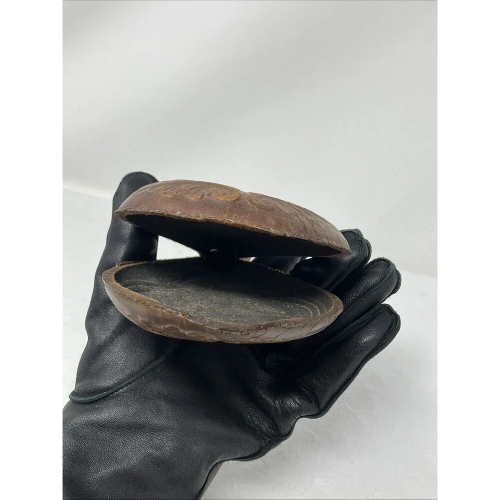 Antique Leather Gunpowder Pouch FLAWED Quail Pheasant Design w metal top VTG